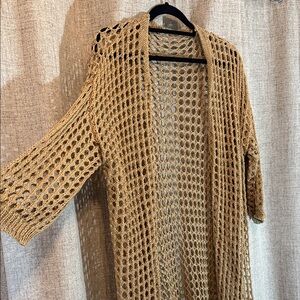 Tan Crochet Open-Front Cardigan